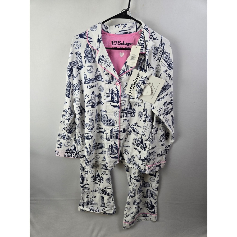 P.J. Salvage Pajama Set XL White Blue Pink Travel Toile New With Tags NWT